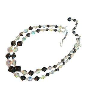 Vintage Aurora Borealis Black Crystal Double Strand Necklace J-Hook Clasp 12.5in